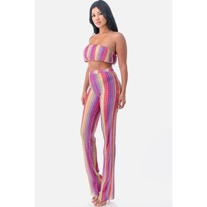 Multicolor Striped 'Cher' Set Tube Top High Waisted Pants Resortwear Beach Club